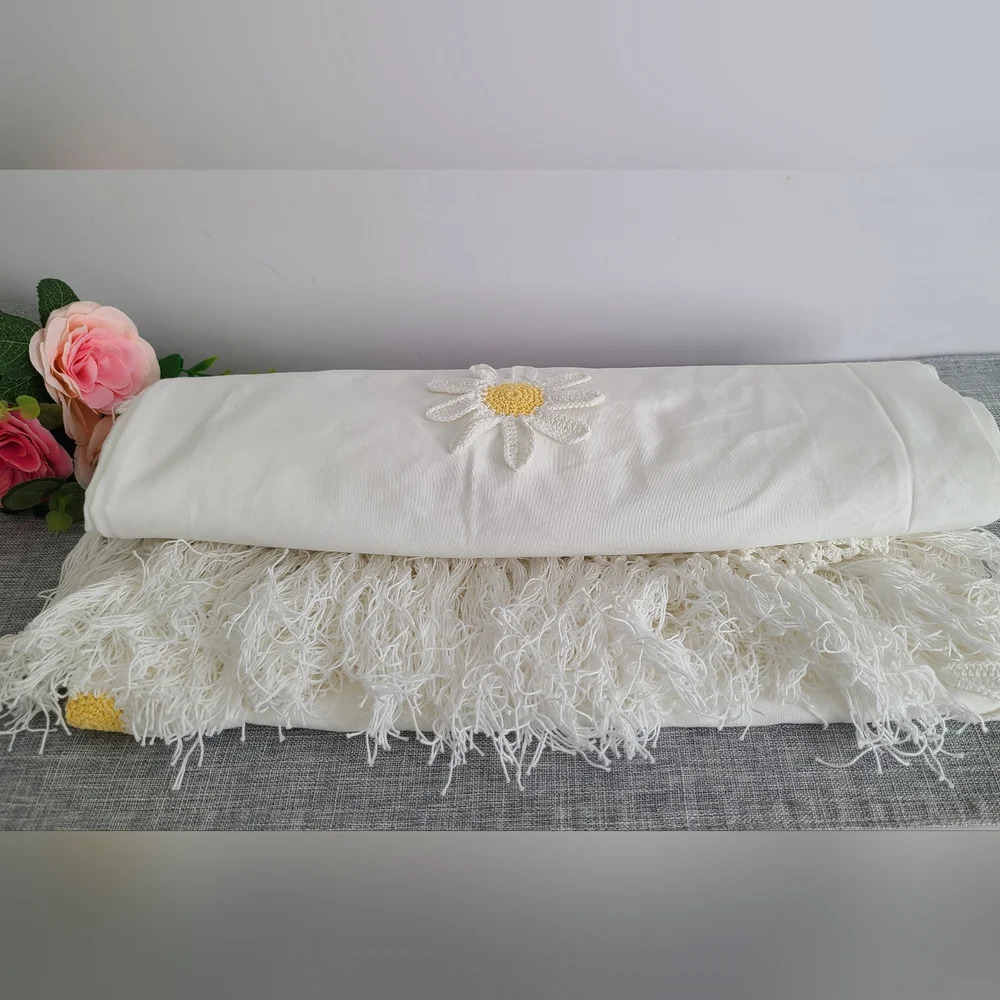 Vintage Handmade Cotton Single Curtain W Yellow Crocheted Daisies 70' W x 69' L